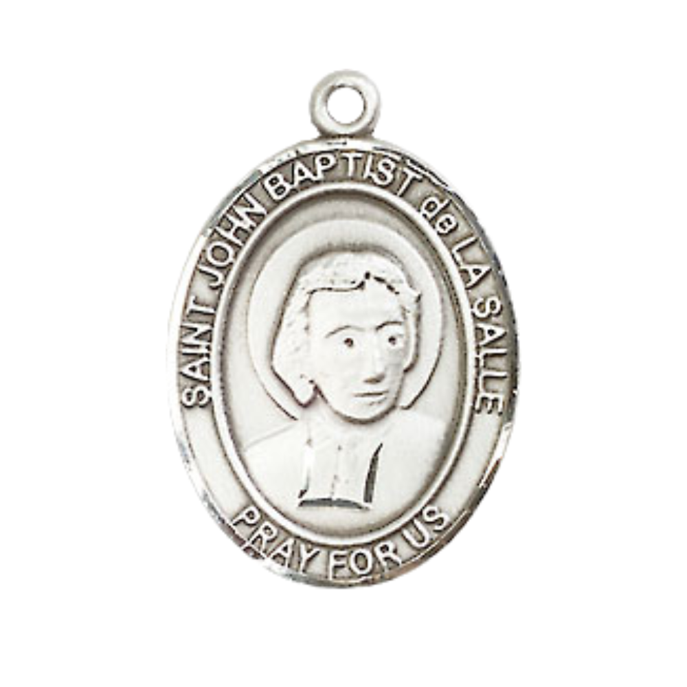 Medium Men's Pewter Patron Saint St. John Baptist de La Salle Medal Pendant with 24 Inch Rhodium Plated Heavy Curb Chain Catholic Religious Necklace - Made in USA, Deluxe Velvet Gift Box