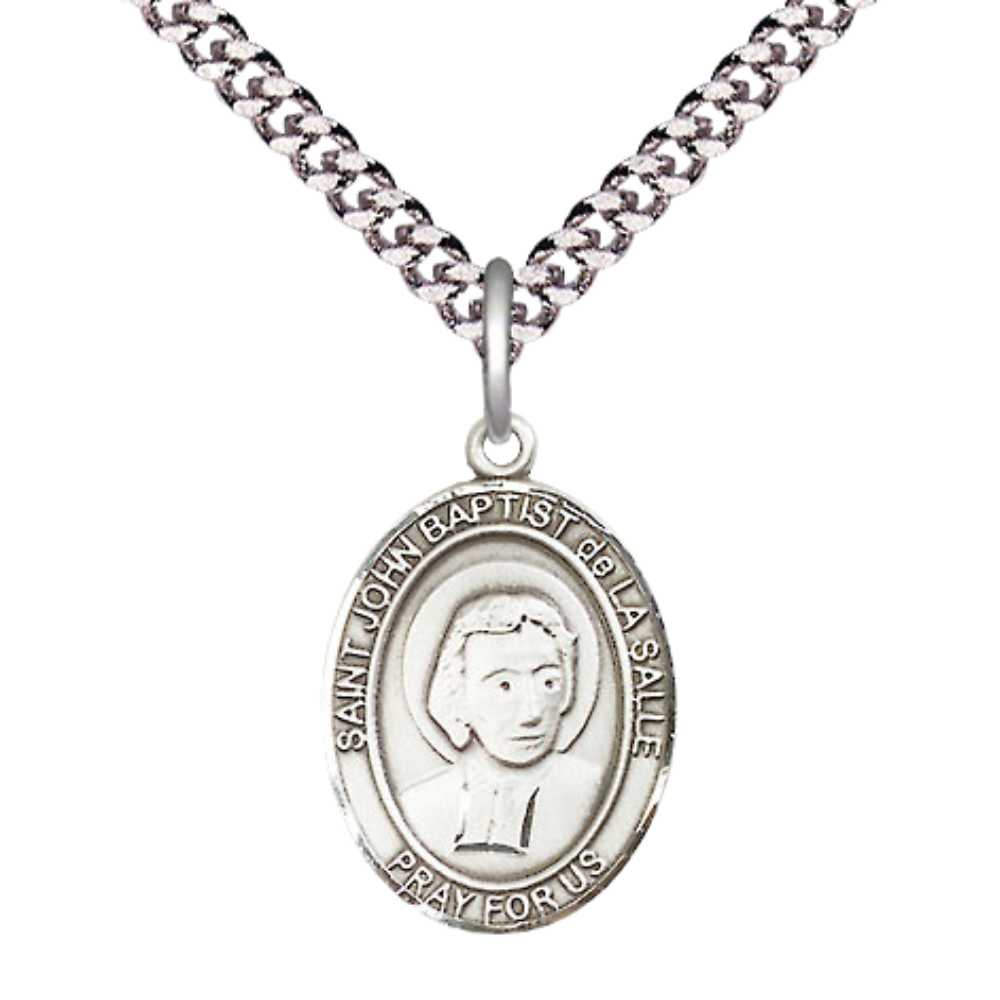 Medium Men's .925 Sterling Silver Patron Saint St.John Baptist de La Salle Medal Pendant with 24" Rhodium Plated Heavy Curb Chain Catholic Religious Necklace - Made in USA,Deluxe Velvet Gift Box