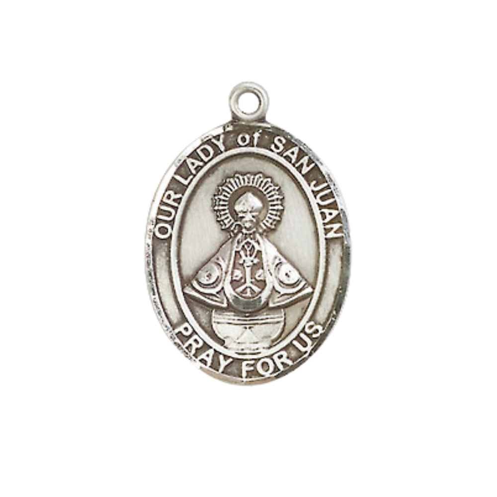 Everlasting Light Jewelry Medium Women's Pewter Our Lady of Saint St. Juan Pendant Necklace on 18- inch Rhodium- Plated Lite Curb Brass Chain – Catholic Religious Medal – Velvet Gift Box Included