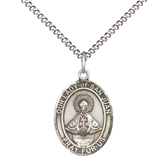 Everlasting Light Jewelry Medium Women's Pewter Our Lady of Saint St. Juan Pendant Necklace on 18- inch Rhodium- Plated Lite Curb Brass Chain – Catholic Religious Medal – Velvet Gift Box Included