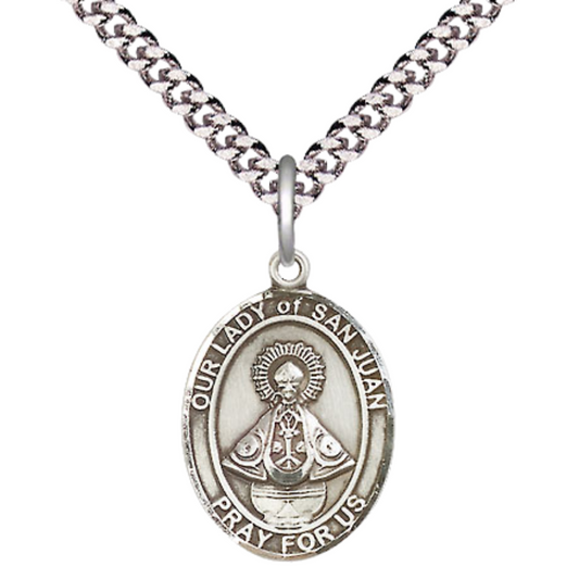 Medium Mens Oval Sterling Silver Our Lady of San Juan Medal Pendant on 24" Rhodium Plated Heavy Curb Brass Chain w/ Lobster Claw Clasp, Catholic Religious Necklace -Made in USA-Velvet Gift Box