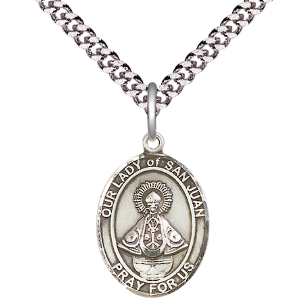 Everlasting Light Jewelry Medium Men's Pewter Our Lady of Saint St. Juan Medal Pendant on 24 Inch Endless Rhodium Plated Heavy Curb Brass Chain, Catholic Religious Necklace - Made in USA- Deluxe Velvet Gift Box