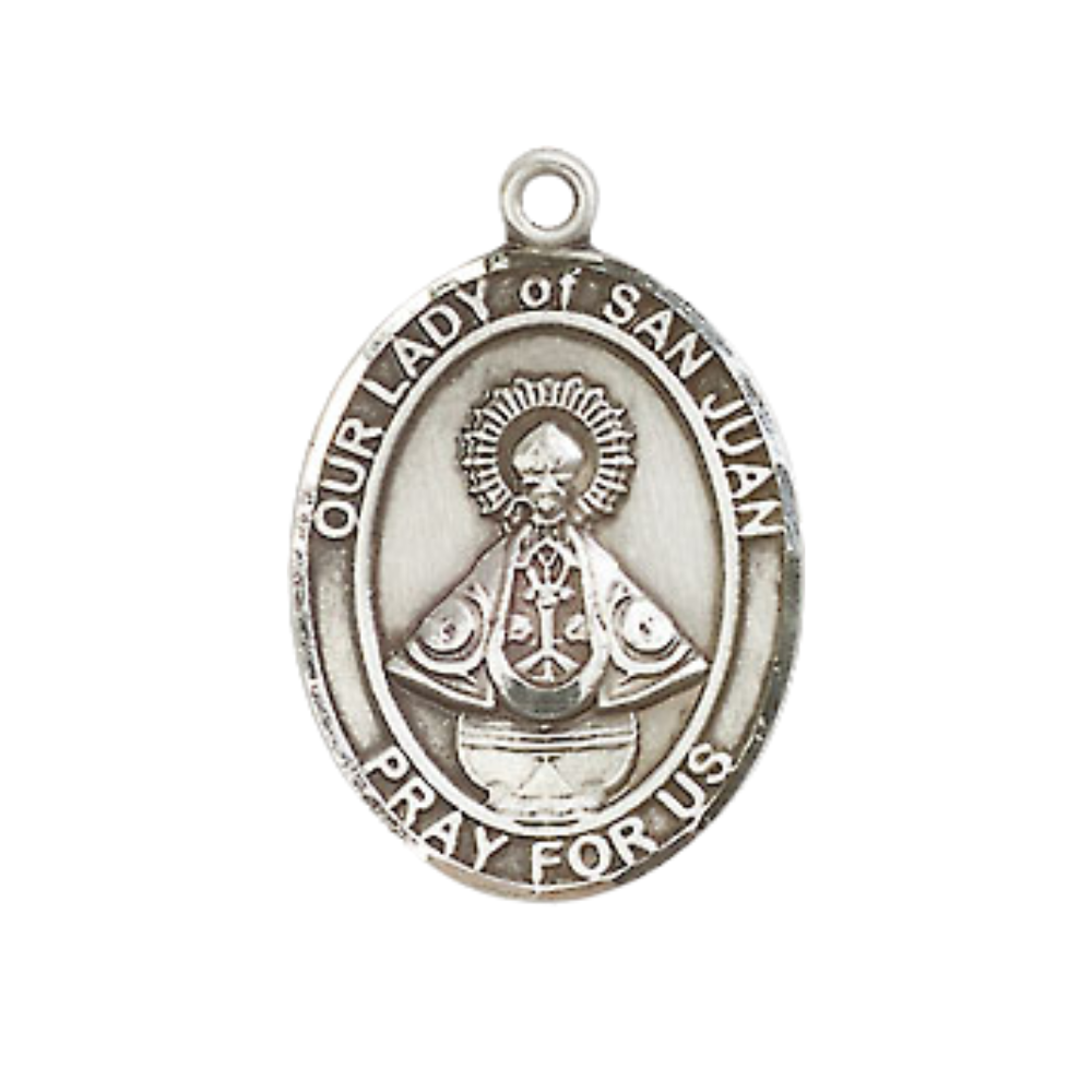 Medium Men's .925 Sterling Silver Our Lady of Saint St. Juan Medal Pendant on 24 Inch Endless Rhodium Plated Heavy Curb Brass Chain, Catholic Religious Necklace - Made in USA- Deluxe Velvet Gift Box