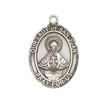 Everlasting Light Jewelry Medium Men's Pewter Our Lady of Saint St. Juan Medal Pendant on 24 Inch Endless Rhodium Plated Heavy Curb Brass Chain, Catholic Religious Necklace - Made in USA- Deluxe Velvet Gift Box