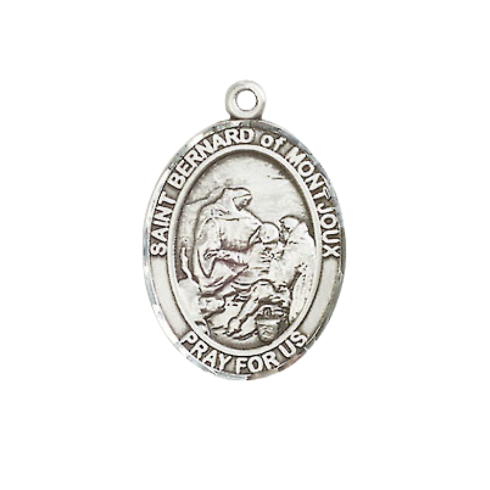 Medium Men's Pewter Saint St. Bernard of Montjoux Medal Pendant on 24 Inch Endless Rhodium Plated Heavy Curb Brass Chain, Catholic Religious Necklace - Made in USA- Deluxe Velvet Gift Box