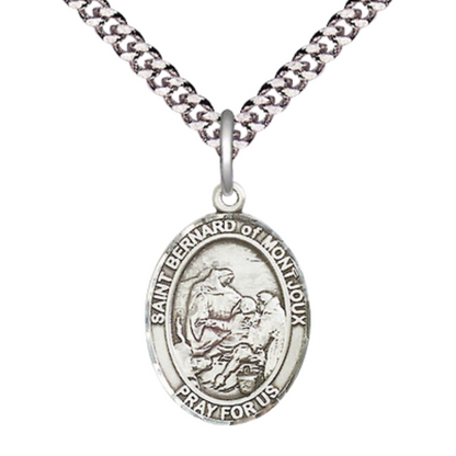 Mens Medium Oval Pewter Saint St. Bernard of Montjoux Medal Pendant on 24 Inch Rhodium Plated Heavy Curb Brass Chain w/ Lobster Claw Clasp, Catholic Religious Necklace - Made in USA- Velvet Gift Box
