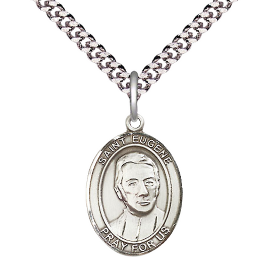 Medium Men's .925 Sterling Silver Saint St. Eugene de Mazenod Medal Pendant on 24 Inch Endless Rhodium Plated Heavy Curb Brass Chain, Catholic Religious Necklace - Made in USA- Deluxe Velvet Gift Box