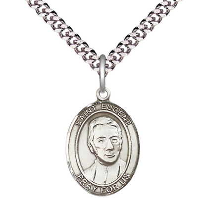 Medium Mens Oval .925 Sterling Silver Saint St. Eugene de Mazenod Medal Pendant on 24 Inch Rhodium Plated Heavy Curb Brass Chain w/ Lobster Claw Clasp, Catholic Religious Necklace - Made in USA- Velvet Gift Box