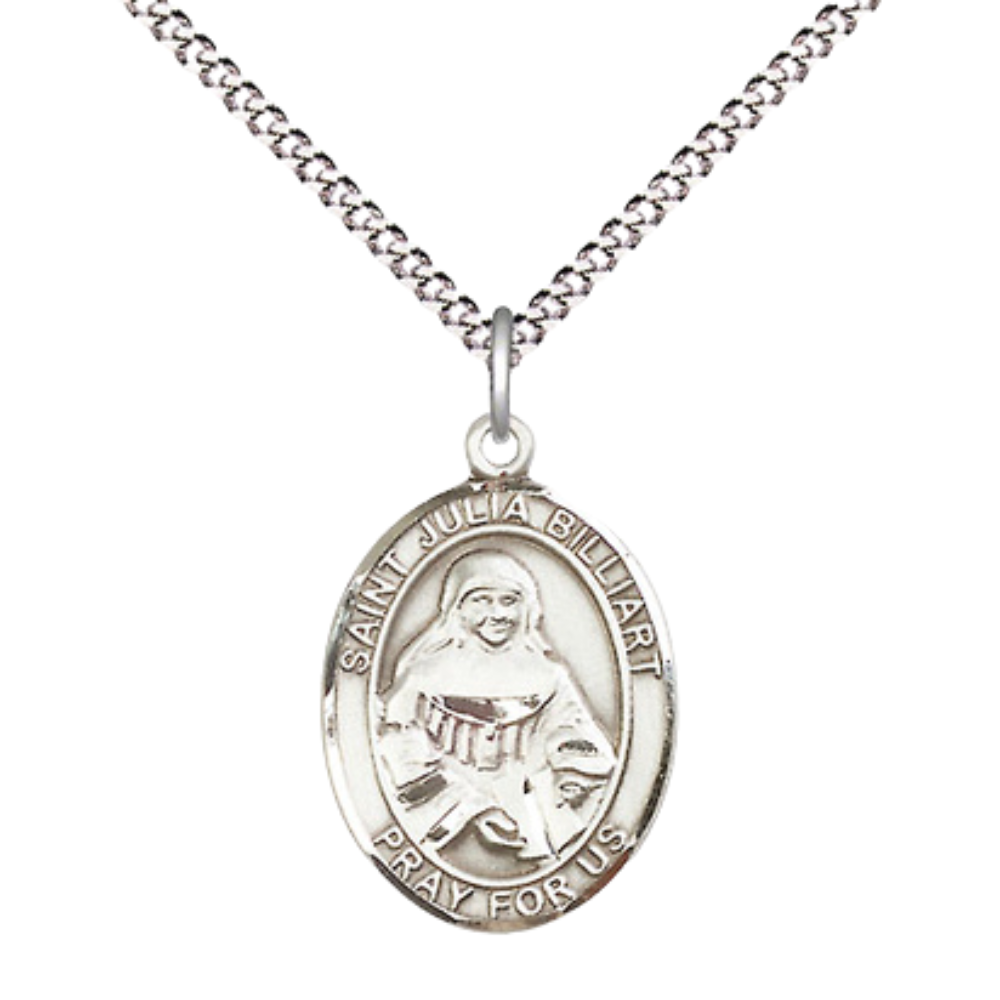 Everlasting Light Jewelry Medium Women's Pewter Saint Julia Billiart Pendant Necklace on 18-inch Rhodium-Plated Lite Curb Brass Chain – Religious Medal – Velvet Gift Box Included