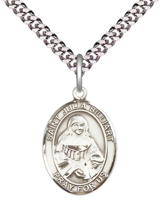 Medium Men's Pewter Saint St. Julia Billiart Medal Pendant on 24 Inch Endless Rhodium Plated Heavy Curb Brass Chain, Catholic Religious Necklace - Made in USA- Deluxe Velvet Gift Box