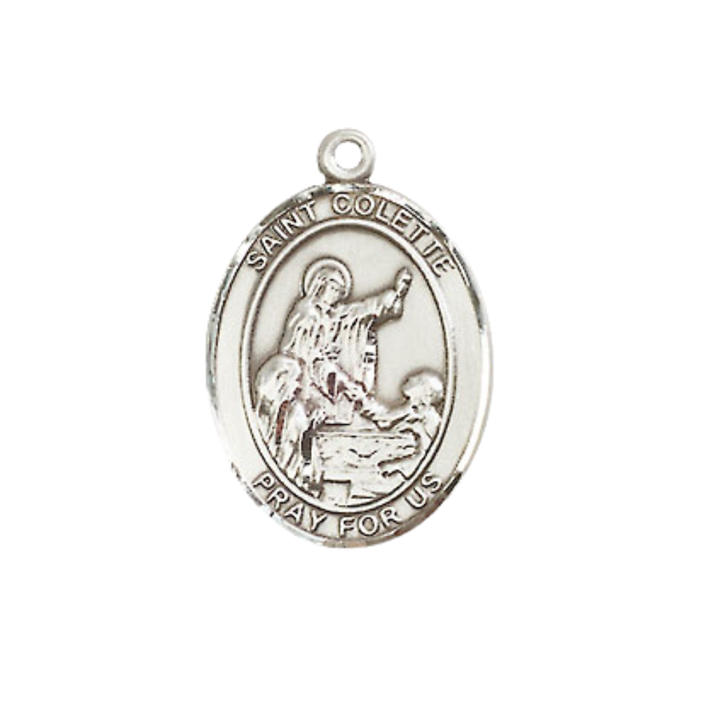 Everlasting Light Jewelry Medium Women's .925 Sterling Silver Saint St. Colette Pendant Necklace on 18- inch Rhodium Plated Lite Curb Brass Chain, Catholic Medal – Velvet Gift Box Included – Patron Saint St. of Loss of Parents