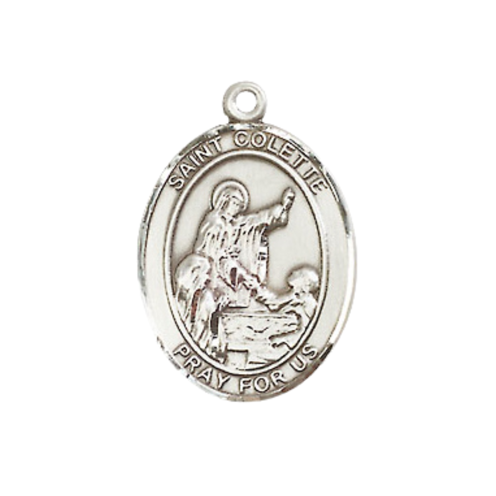 Mens Medium Oval Pewter Saint St. Colette Medal Pendant on 24 Inch Rhodium Plated Heavy Curb Brass Chain with Lobster Claw Clasp, Catholic Religious Necklace - Made in USA- Deluxe Velvet Gift Box
