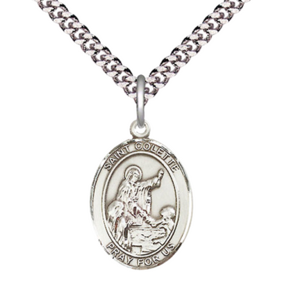 Mens Medium Oval Pewter Saint St. Colette Medal Pendant on 24 Inch Rhodium Plated Heavy Curb Brass Chain with Lobster Claw Clasp, Catholic Religious Necklace - Made in USA- Deluxe Velvet Gift Box