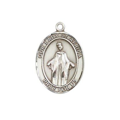 Everlasting Light Jewelry Medium Women's Pewter Our Lady of Africa Pendant Necklace on 18-inch Rhodium-Plated Lite Curb Brass Chain – Religious Medal – Velvet Gift Box Included