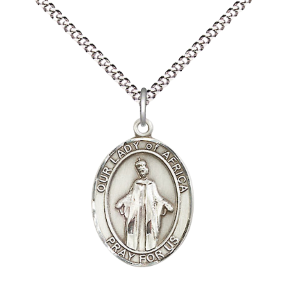 Everlasting Light Jewelry Medium Women's .925 Sterling Silver Our Lady of Africa Pendant Necklace on 18- inch Rhodium Plated Lite Curb Brass Chain, Catholic Medal – Velvet Gift Box Included – Patron Saint St. of Africa