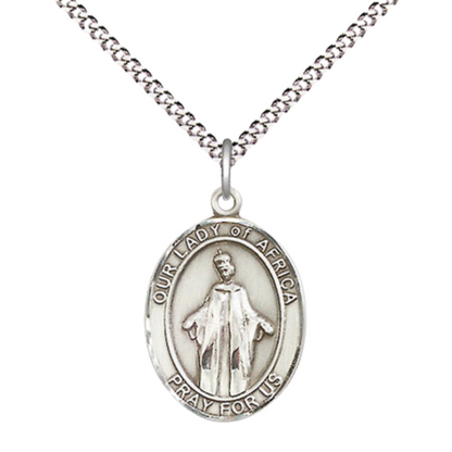Everlasting Light Jewelry Medium Women's .925 Sterling Silver Our Lady of Africa Pendant Necklace on 18- inch Rhodium Plated Lite Curb Brass Chain, Catholic Medal – Velvet Gift Box Included – Patron Saint St. of Africa