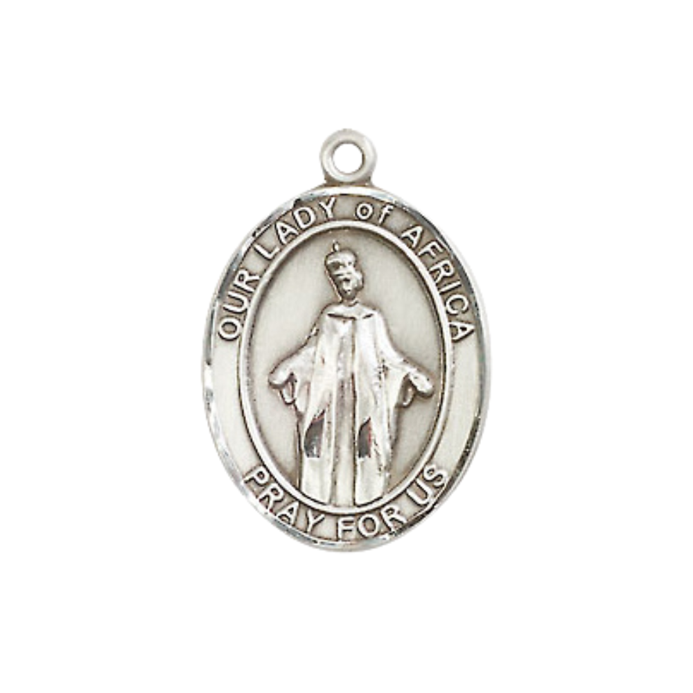 Everlasting Light Jewelry Medium Men's Pewter Our Lady of Africa Medal Pendant on 24 Inch Endless Rhodium Plated Heavy Curb Brass Chain, Catholic Religious Necklace - Made in USA- Deluxe Velvet Gift Box