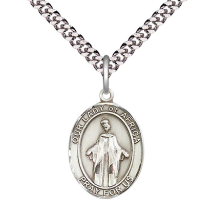 Mens Medium Oval Pewter Our Lady of Africa Medal Pendant on 24" Rhodium Plated Heavy Curb Brass Chain w/ Lobster Claw Clasp, Catholic Religious Necklace -Made in USA- Deluxe Velvet Gift Box
