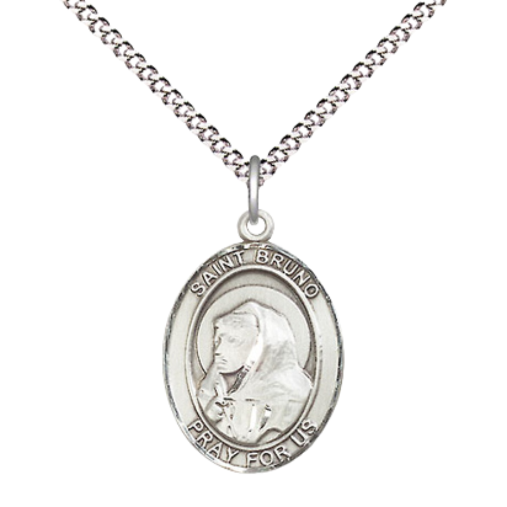 Everlasting Light Jewelry Medium Women's Pewter Saint St. Bruno Pendant Necklace on 18- inch Rhodium- Plated Lite Curb Brass Chain – Catholic Religious Medal – Velvet Gift Box Included