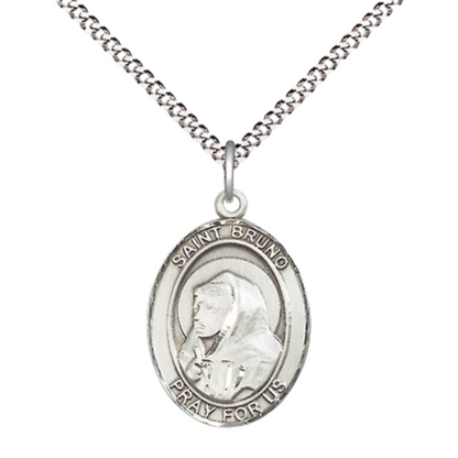 Everlasting Light Jewelry Medium Women's Pewter Saint St. Bruno Pendant Necklace on 18- inch Rhodium- Plated Lite Curb Brass Chain – Catholic Religious Medal – Velvet Gift Box Included