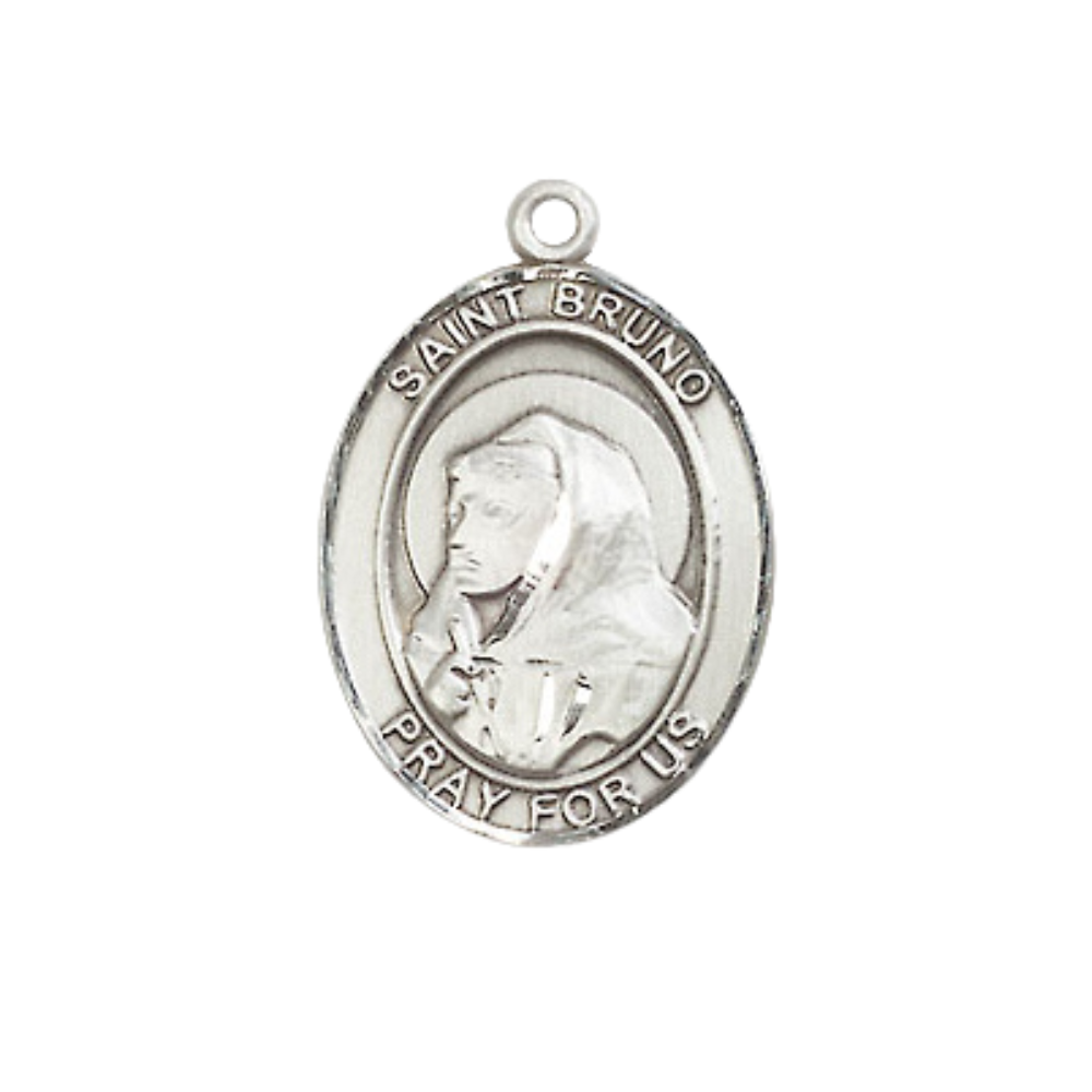 Everlasting Light Jewelry Medium Men's Pewter Saint St. Bruno Medal Pendant on 24 Inch Endless Rhodium Plated Heavy Curb Brass Chain, Catholic Religious Necklace - Made in USA- Deluxe Velvet Gift Box