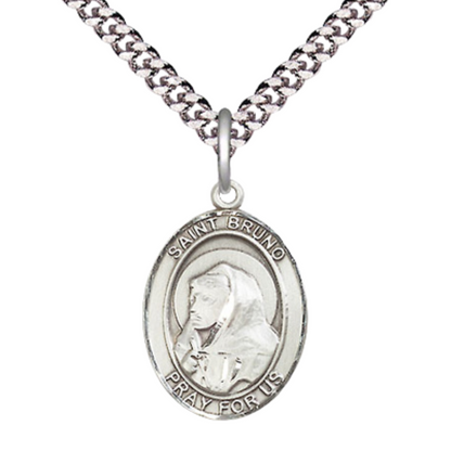 Medium Mens Oval .925 Sterling Silver 3/4 x 1/2 Saint St. Bruno Medal Pendant with Rhodium Plated Heavy Curb Brass Chain with Lobster Claw Clasp, Catholic Religious Necklace - Made in USA- Velvet Gift Box