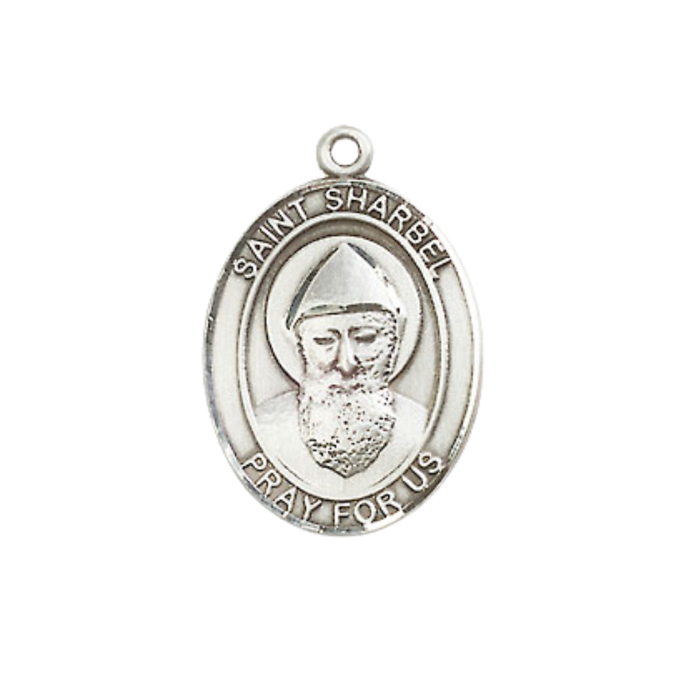 Mens Medium Oval Pewter Saint St. Sharbel Medal Pendant on 24 Inch Rhodium Plated Heavy Curb Brass Chain with Lobster Claw Clasp, Catholic Religious Necklace - Made in USA- Deluxe Velvet Gift Box