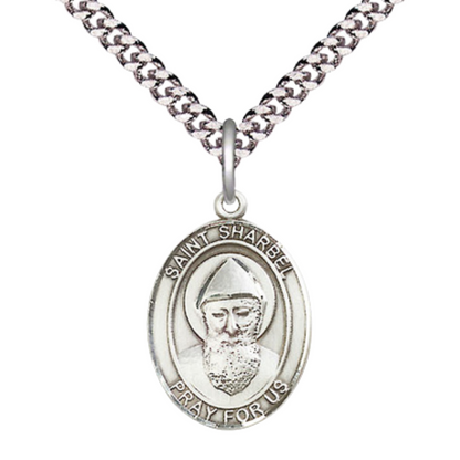 Everlasting Light Jewelry Medium Men's Pewter Saint St. Sharbel Medal Pendant on 24 Inch Endless Rhodium Plated Heavy Curb Brass Chain, Catholic Religious Necklace - Made in USA- Deluxe Velvet Gift Box