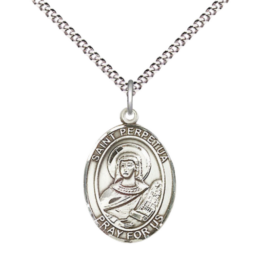 Everlasting Light Jewelry Medium Women's Pewter Saint St. Perpetua Pendant Necklace on 18- inch Rhodium- Plated Lite Curb Brass Chain – Catholic Religious Medal – Velvet Gift Box Included