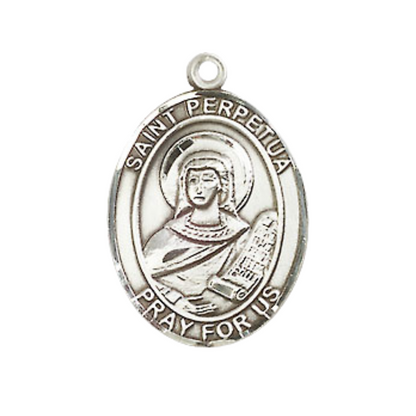 Everlasting Light Jewelry Medium Men's Pewter Saint St.Perpetua Medal Pendant on 24 Inch Endless Rhodium Plated Heavy Curb Brass Chain, Catholic Religious Necklace -Made in USA- Deluxe Velvet Gift Box