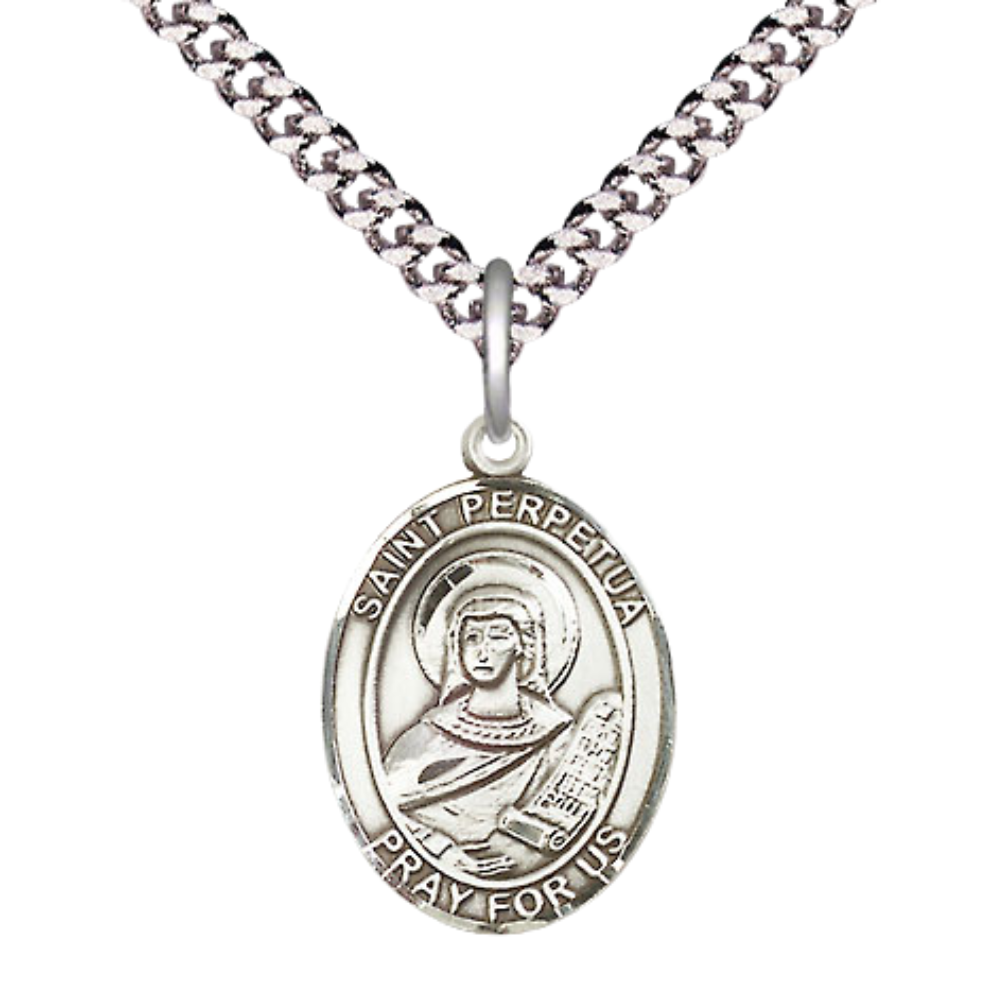 Mens Medium Oval Pewter Saint St. Perpetua Medal Pendant on 24 Inch Rhodium Plated Heavy Curb Brass Chain with Lobster Claw Clasp, Catholic Religious Necklace - Made in USA- Deluxe Velvet Gift Box