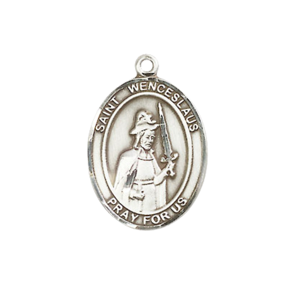 Everlasting Light Jewelry Medium Women's Pewter Saint Wenceslaus Pendant Necklace on 18-inch Rhodium-Plated Lite Curb Brass Chain – Religious Medal for Brewers – Velvet Gift Box Included
