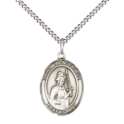 Everlasting Light Jewelry Medium Women's Pewter Saint Wenceslaus Pendant Necklace on 18-inch Rhodium-Plated Lite Curb Brass Chain – Religious Medal for Brewers – Velvet Gift Box Included