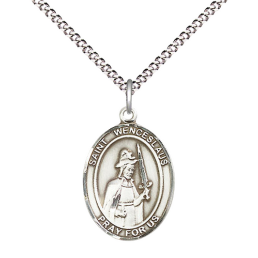 Everlasting Light Jewelry Medium Women's Pewter Saint Wenceslaus Pendant Necklace on 18-inch Rhodium-Plated Lite Curb Brass Chain – Religious Medal for Brewers – Velvet Gift Box Included