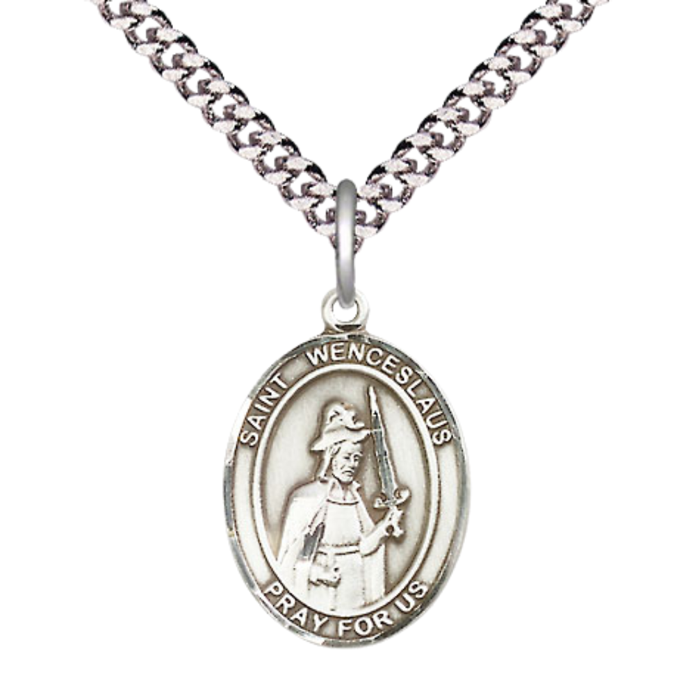 Everlasting Light Jewelry Medium Men's Pewter Saint St. Wenceslaus Medal Pendant on 24 Inch Endless Rhodium Plated Heavy Curb Brass Chain, Catholic Religious Necklace - Made in USA- Deluxe Velvet Gift Box