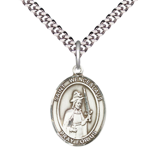 Everlasting Light Jewelry Medium Men's Pewter Saint St. Wenceslaus Medal Pendant on 24 Inch Endless Rhodium Plated Heavy Curb Brass Chain, Catholic Religious Necklace - Made in USA- Deluxe Velvet Gift Box