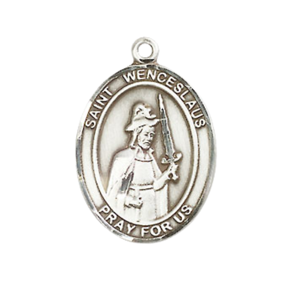 Mens Medium Oval Pewter Saint St. Wenceslaus Medal Pendant on 24 Inch Rhodium Plated Heavy Curb Brass Chain with Lobster Claw Clasp, Catholic Religious Necklace - Made in USA- Deluxe Velvet Gift Box