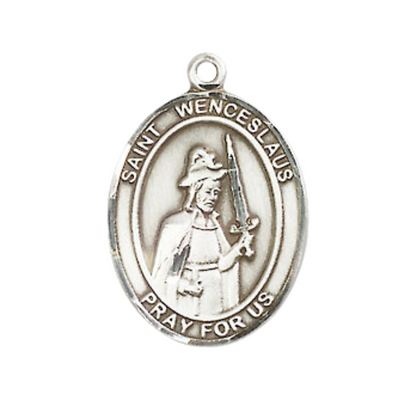 Mens Medium Oval Pewter Saint St. Wenceslaus Medal Pendant on 24 Inch Rhodium Plated Heavy Curb Brass Chain with Lobster Claw Clasp, Catholic Religious Necklace - Made in USA- Deluxe Velvet Gift Box