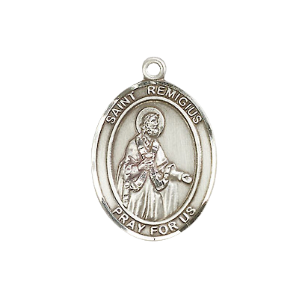 Medium Women's .925 Sterling Silver Saint St. Remigius of Reims Pendant Necklace on 18- inch Rhodium Plated Lite Curb Brass Chain, Catholic Medal – Velvet Gift Box Included – Patron Saint St. of France and City of Reims