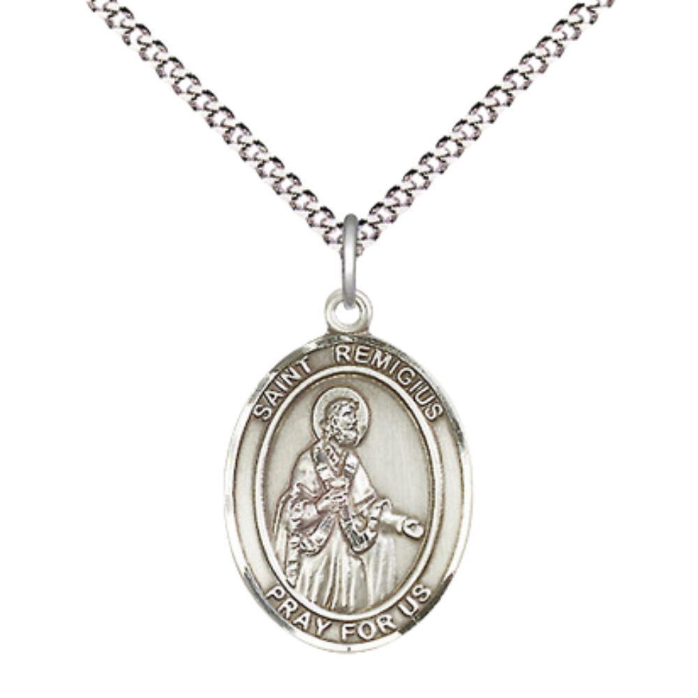 Medium Women's .925 Sterling Silver Saint St. Remigius of Reims Pendant Necklace on 18- inch Rhodium Plated Lite Curb Brass Chain, Catholic Medal – Velvet Gift Box Included – Patron Saint St. of France and City of Reims
