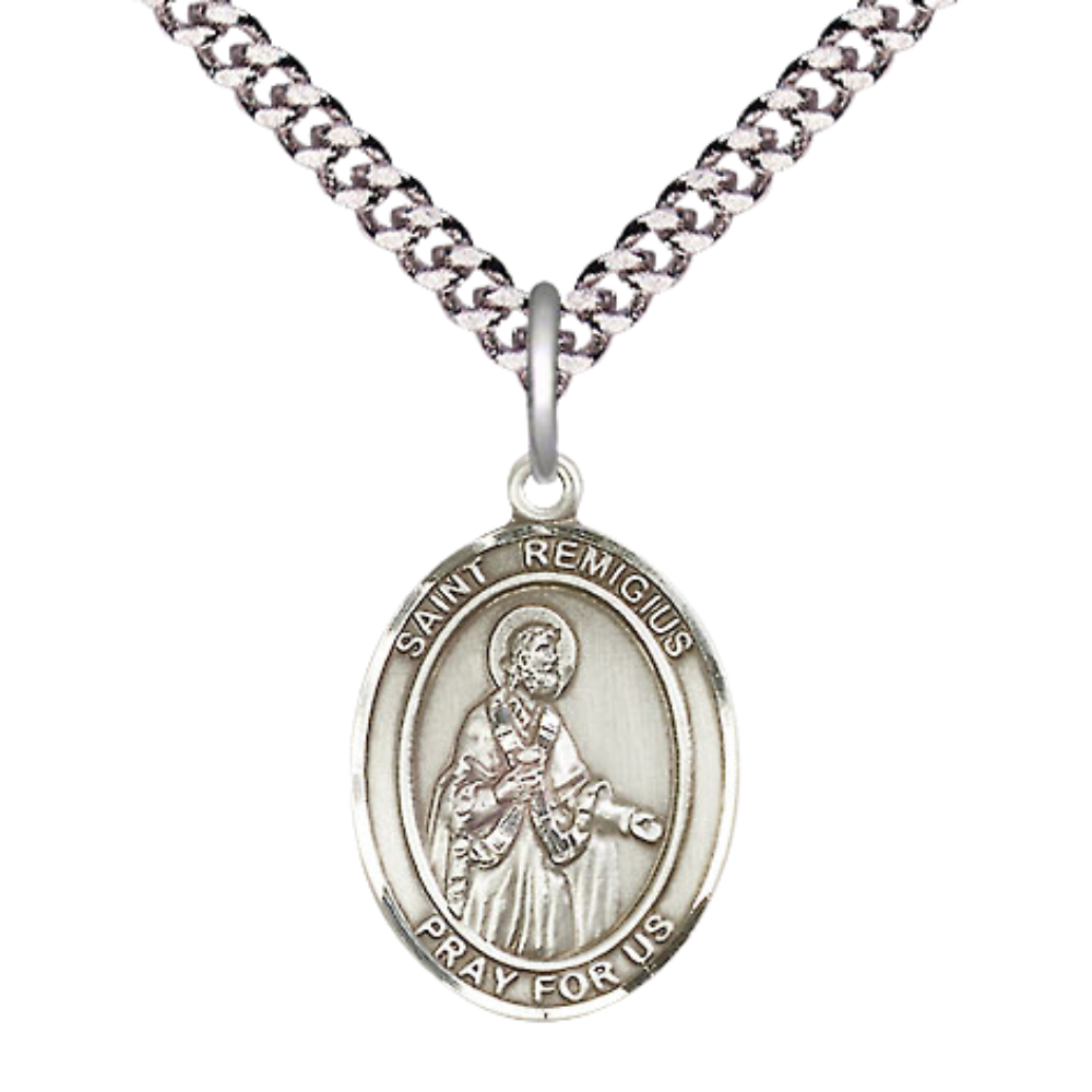 Medium Men's .925 Sterling Silver Saint St.Remigius of Reims Medal Pendant on 24 Inch Endless Rhodium Plated Heavy Curb Brass Chain, Catholic Religious Necklace -Made in USA- Deluxe Velvet Gift Box