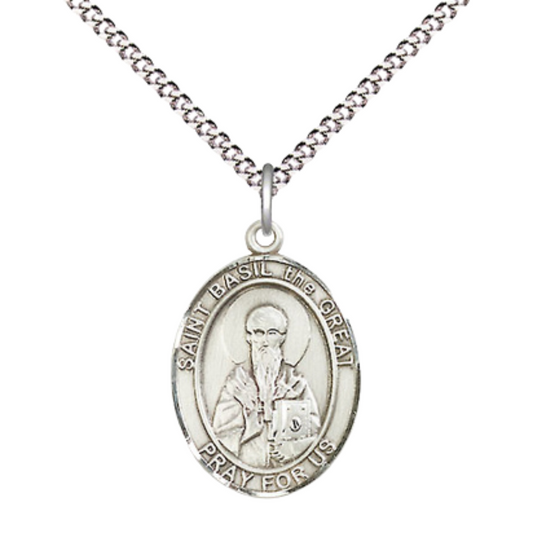 Everlasting Light Jewelry Medium Women's Pewter Saint Basil the Great Pendant Necklace on 18-inch Rhodium-Plated Lite Curb Brass Chain – Patron Saint of Hospital Administrators – Velvet Gift Box Included