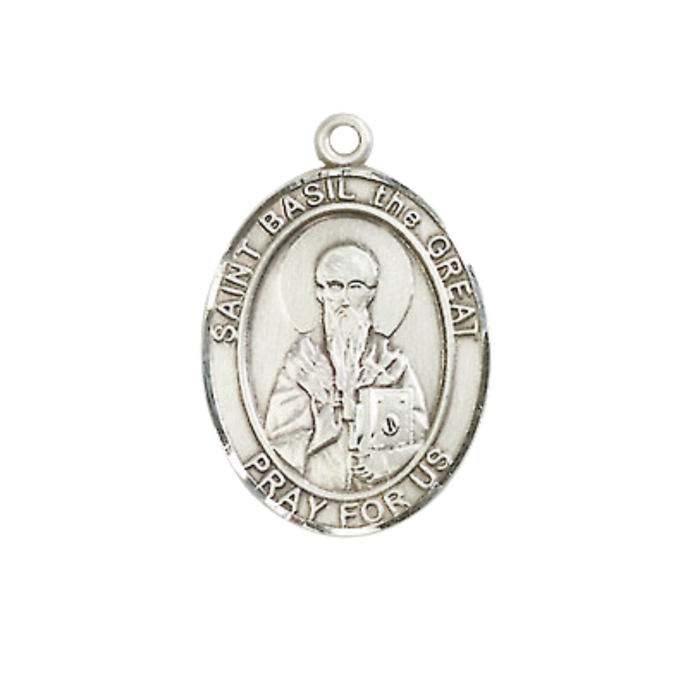 Mens Medium Oval Pewter Saint St. Basil the Great Medal Pendant on 24 Inch Rhodium Plated Heavy Curb Brass Chain w/ Lobster Claw Clasp, Catholic Religious Necklace - Made in USA- Velvet Gift Box