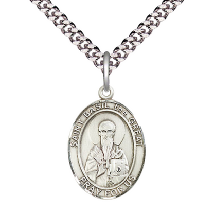 Everlasting Light Jewelry Medium Men's Pewter Saint St. Basil the Great Medal Pendant on 24 Inch Endless Rhodium Plated Heavy Curb Brass Chain, Catholic Religious Necklace - Made in USA- Deluxe Velvet Gift Box