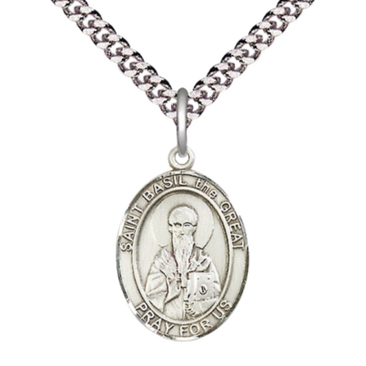 Everlasting Light Jewelry Medium Men's Pewter Saint St. Basil the Great Medal Pendant on 24 Inch Endless Rhodium Plated Heavy Curb Brass Chain, Catholic Religious Necklace - Made in USA- Deluxe Velvet Gift Box