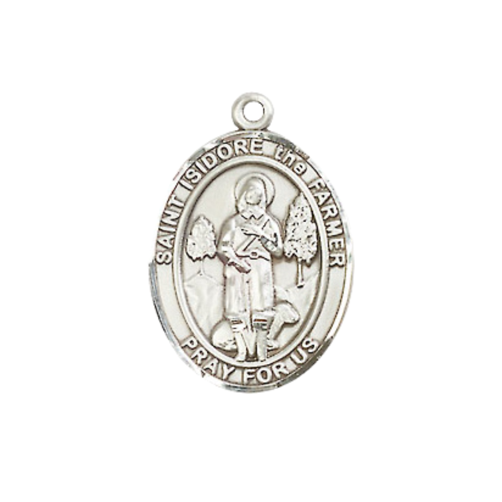 Everlasting Light Jewelry Medium Women's Pewter Saint St. Isidore the Farmer Pendant Necklace on 18- inch Rhodium- Plated Lite Curb Brass Chain – Patron Saint St. of Agricultural Workers, Catholic Medal – Velvet Gift Box Included