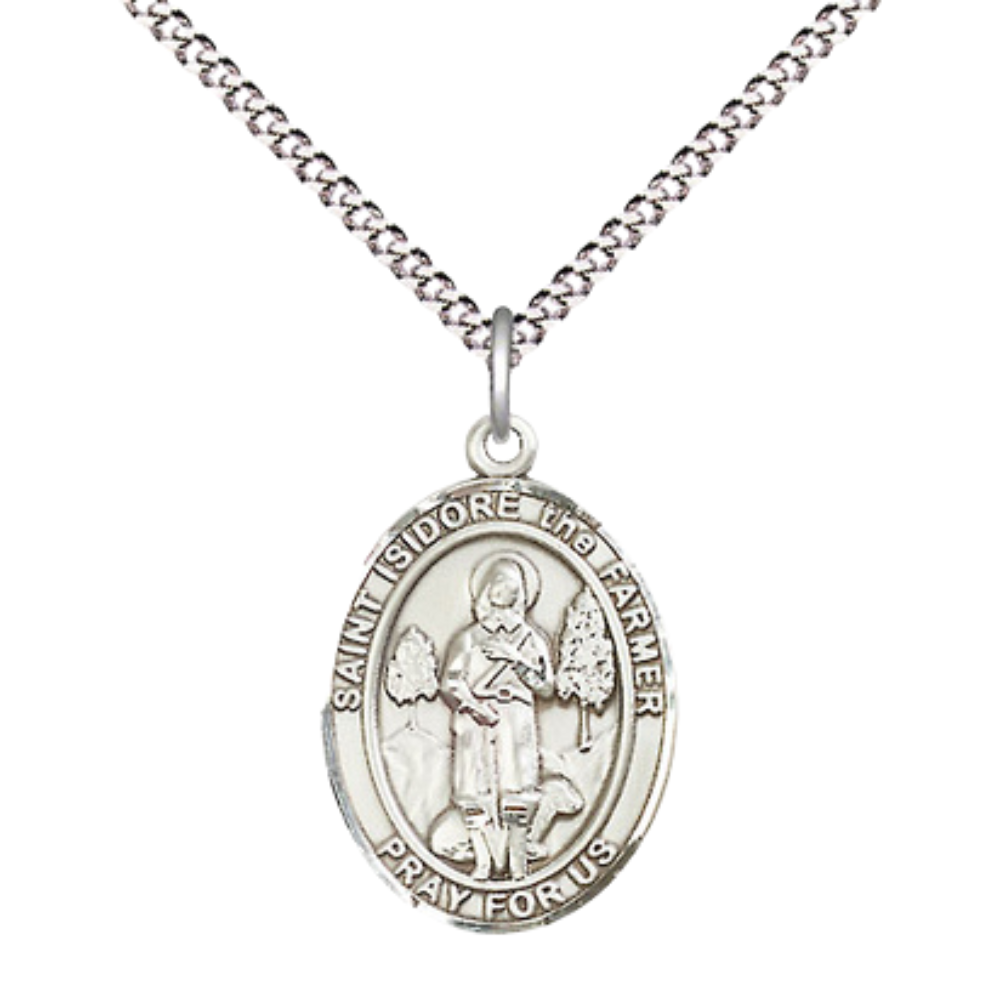 Everlasting Light Jewelry Medium Women's Pewter Saint St. Isidore the Farmer Pendant Necklace on 18- inch Rhodium- Plated Lite Curb Brass Chain – Patron Saint St. of Agricultural Workers, Catholic Medal – Velvet Gift Box Included