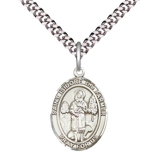 Medium Men's Pewter Saint St.Isidore the Farmer Medal Pendant on 24 Inch Endless Rhodium Plated Heavy Curb Brass Chain, Catholic Religious Necklace -Made in USA- Deluxe Velvet Gift Box