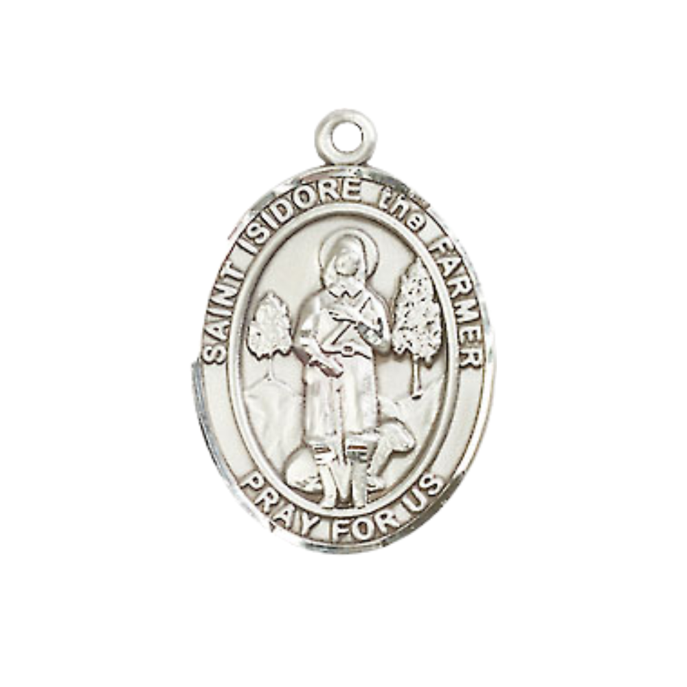 Medium Men's .925 Sterling Silver Saint St. Isidore the Farmer Medal Pendant on 24 Inch Endless Rhodium Plated Heavy Curb Brass Chain, Catholic Religious Necklace - Made in USA- Deluxe Velvet Gift Box