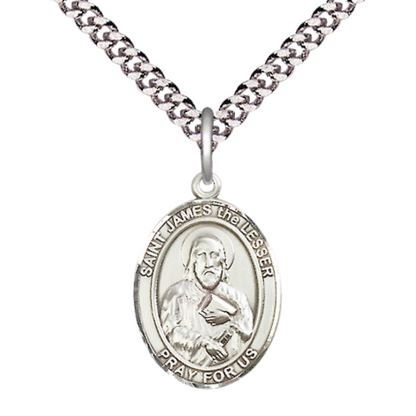 Medium .925 Sterling Silver Saint St. James the Lesser Medal Pendant on 24 Inch Endless Rhodium Plated Heavy Curb Brass Chain, Catholic Religious Necklace - Made in USA- Deluxe Velvet Gift Box